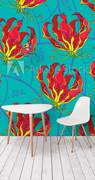 Picture of Seamless pattern with Gloriosa superba or flame lily tropical flower on the green background Poisonous plant  National flower of Zimbabwe Floral background in contour style